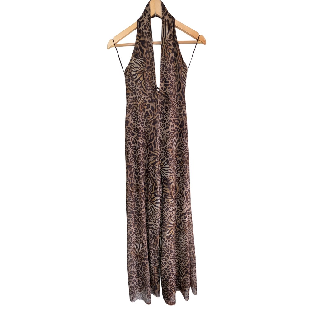 ZARA Mixed Animal Print Halter Jumpsuit S Wide Leg Leopard Zebra Open Back Brown